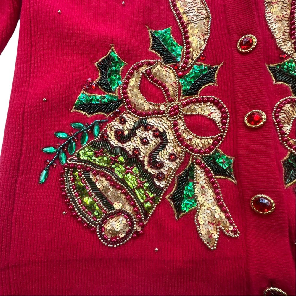 Marisa Christina Classics Christmas Bell Sequin Cardigan Women M Red Sweater VTG - Picture 10 of 13